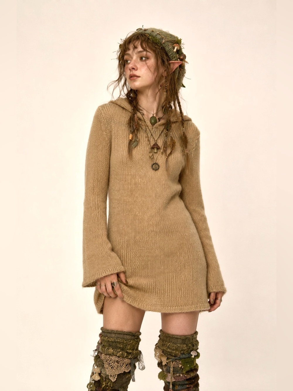 Goblincore Tan Mohair Blend Hooded Knit Dress Hobbit Earthy Forestcore Cottage